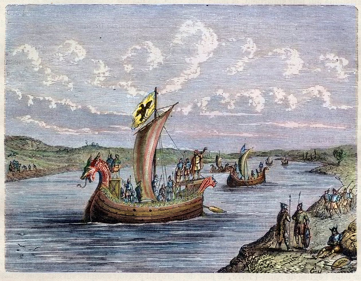 Barco Viking - Drakkar - Norman navega rio acima - gravura em "L