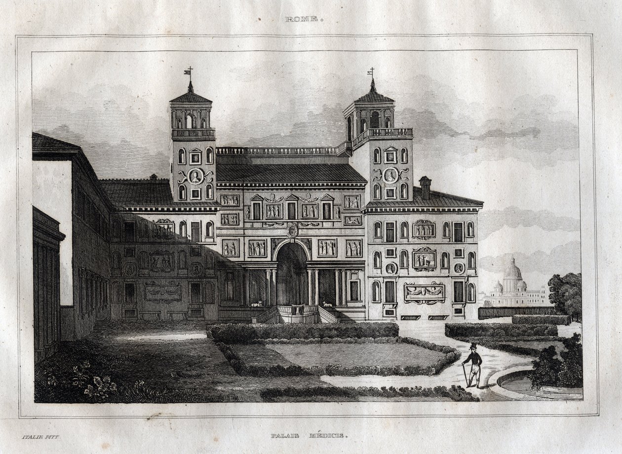 Villa Medici Roma - Villa Medicis - Gravura da "Pitoresca Itália" - Pintura histórica e descritiva da Itália" de M. de Norvins, Ch. Nodier 1834-1836. de French School