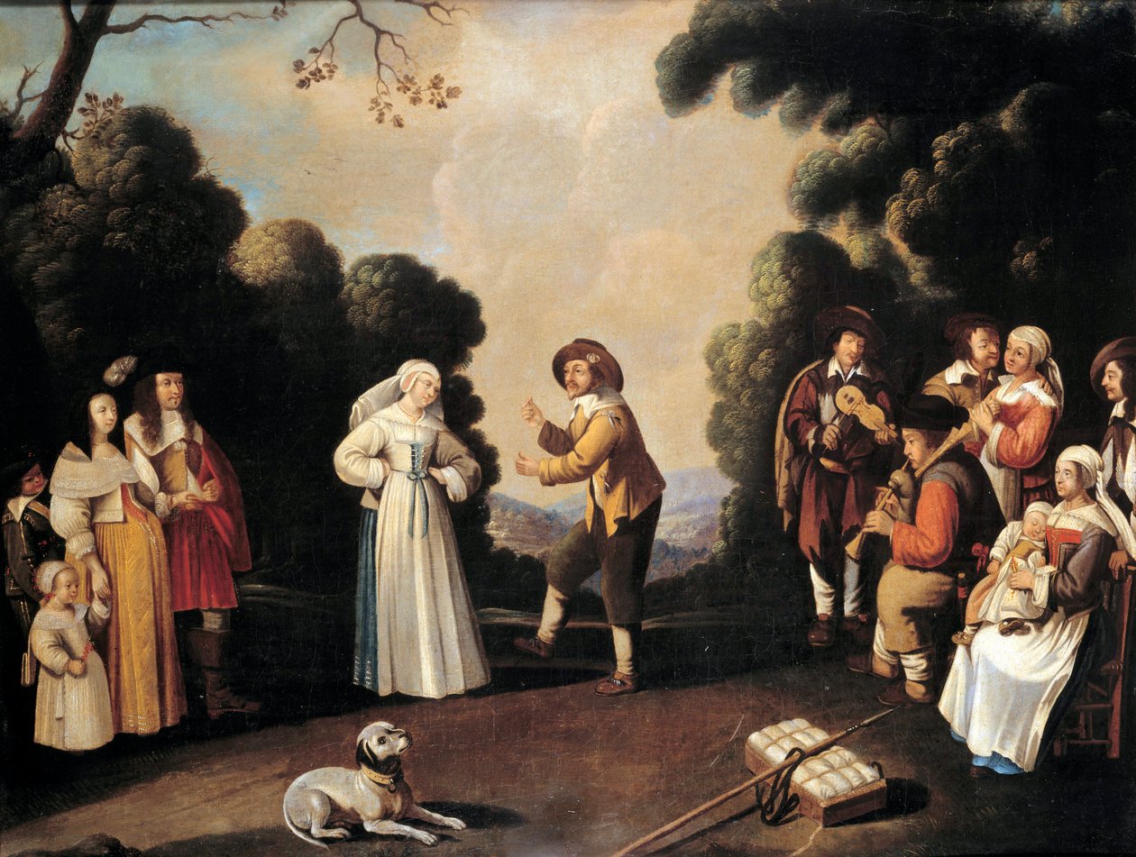 Cena de dança da aldeia provavelmente numa festa de casamento, uma mulher grávida à esquerda. Pintura da escola francesa. Século XVII Avignon, Musee Calvet de French School