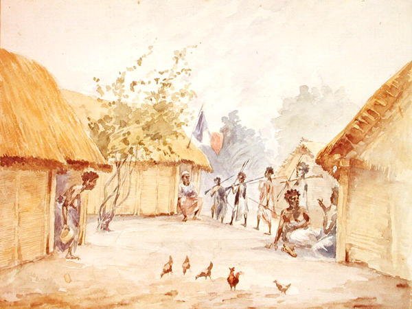 Aldeia em Madagáscar na época de sua conquista pela França em 1895-96 (aquarela sobre papel) de French School