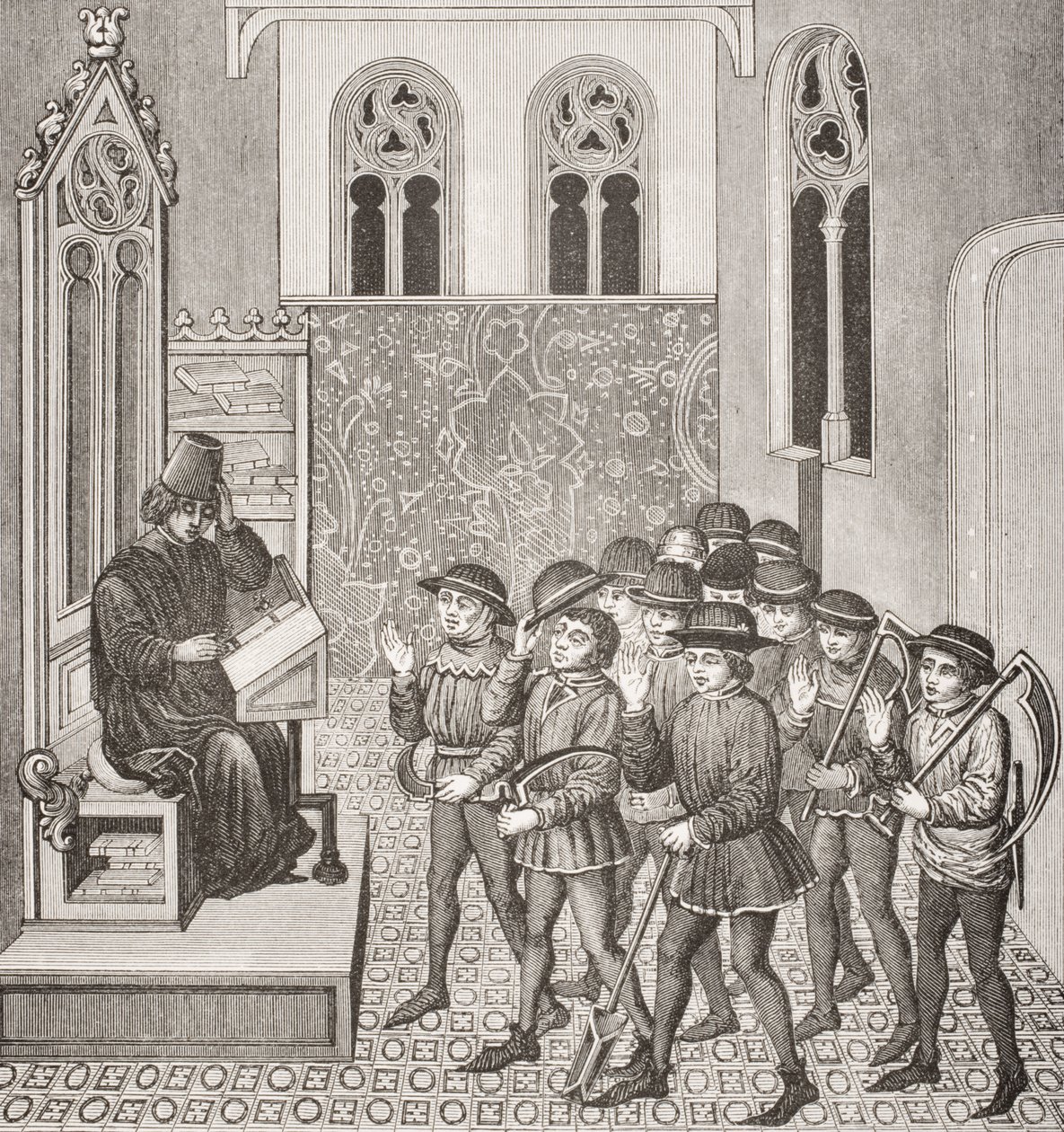 Vilões recebendo ordens de seus senhores antes de irem para o trabalho, depois de uma miniatura em um manuscrito do século XV, de Le Moyen Age et La Renaissance, de Paul Lacroix (1806-84), publicado em 1847 de French School