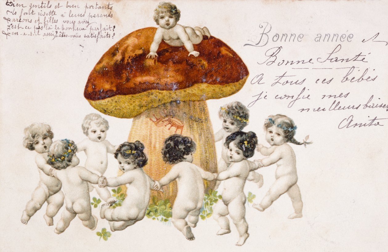 Postal francês vintage com crianças (bebés) a dançar à volta de um cogumelo de French School