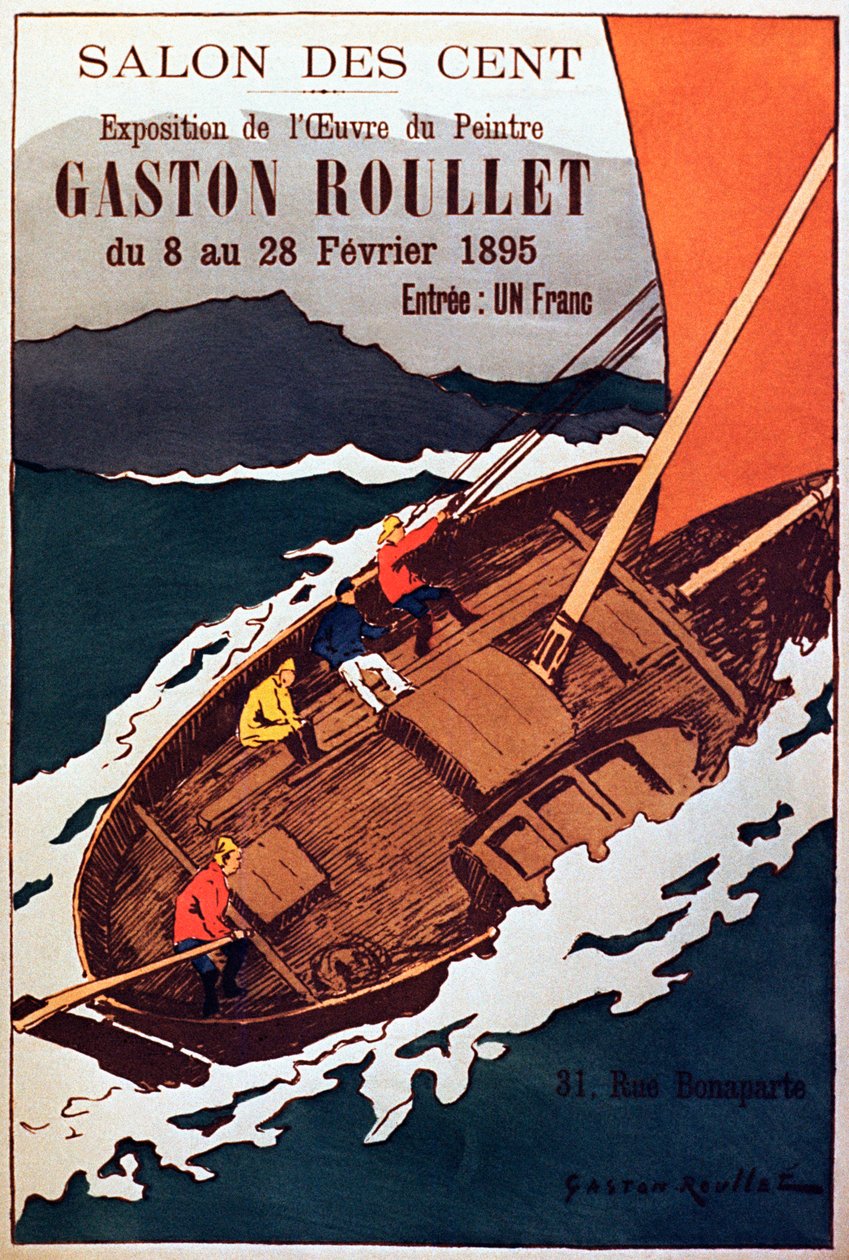 Poster vintage para exposição na galeria de pinturas do artista Gaston Roulette, 1895 de French School
