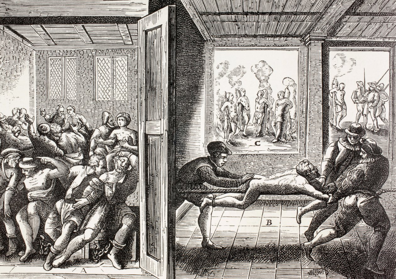 Violência dos huguenotes franceses contra os católicos no sul da França, de "A vida militar e religiosa na Idade Média" por Paul Lacroix, publicado em Londres c.1880 de French School