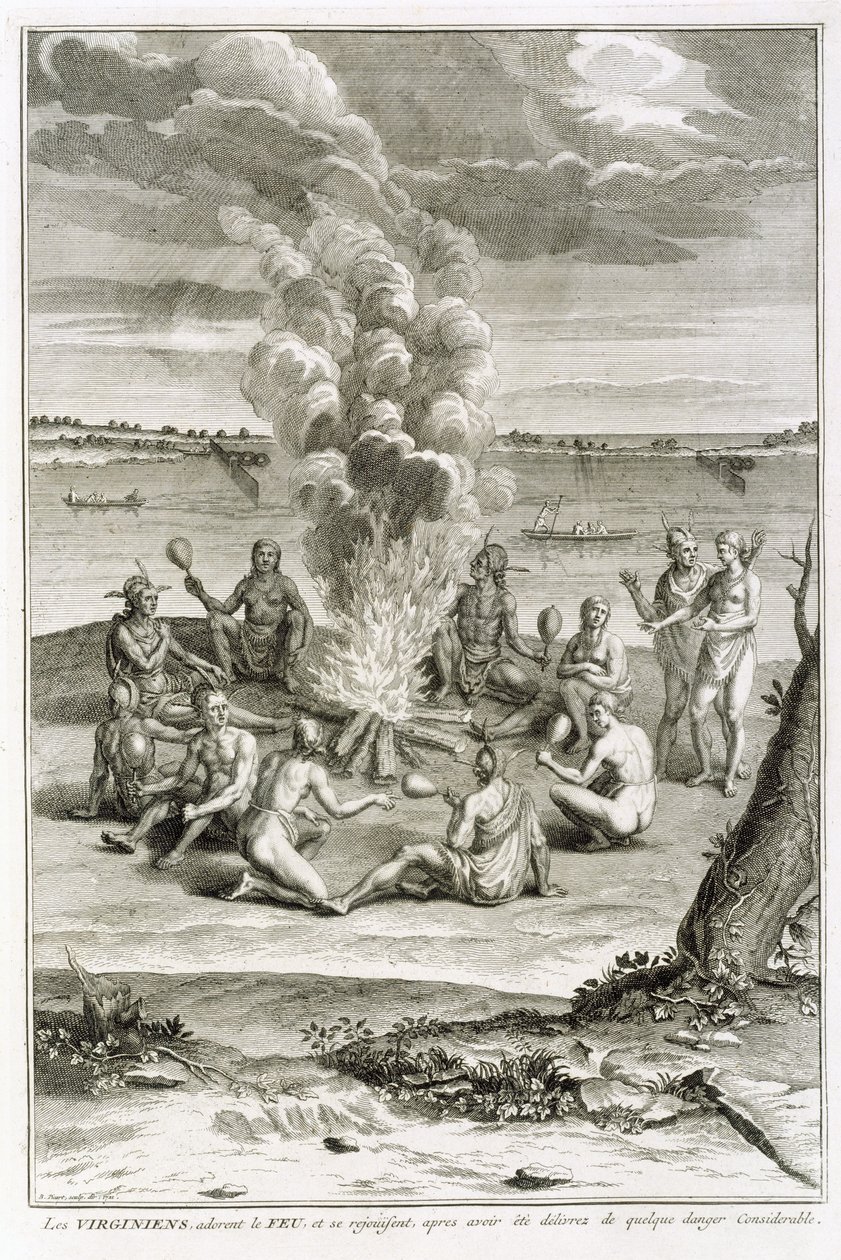 Virginianos adorando fogo e alegria sendo libertos de considerável perigo, ilustração de cerimônias religiosas e costumes, gravada por Bernard Picart (1673-1733) 1721 de French School