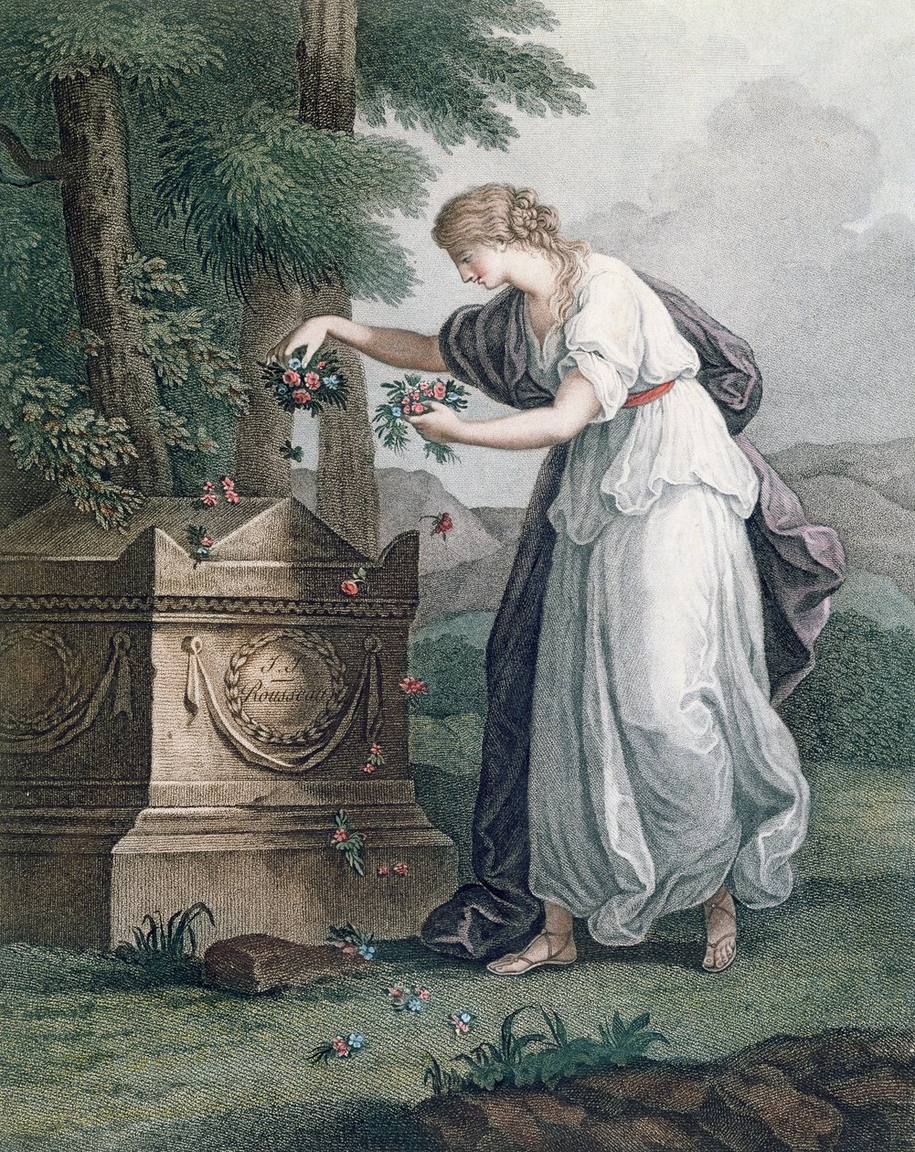 Virtude presta homenagem ao túmulo de Rousseau, Ermenonville (túmulo de Jean Jacques Rousseau), 1866 (gravura de stipple colorido à mão) de French School