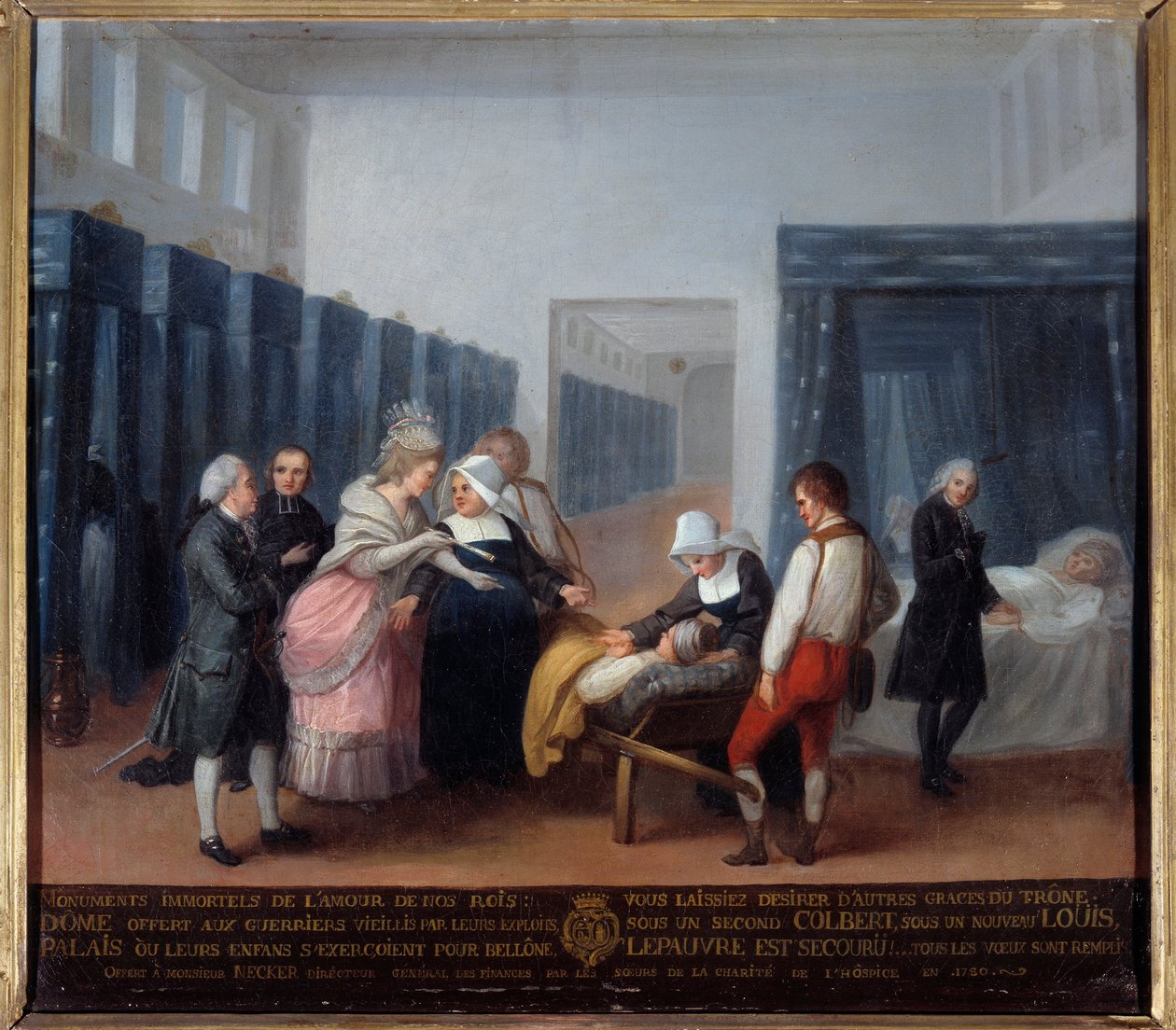 Visita de Monsieur e Madame Necker ao hospital de caridade Este é um hospital (agora Hospital Necker em Paris) fundado pelo ministro e sua esposa, esposa de Lettres em 1778. Pintura da Escola Francesa. Século XVIII. Paris, Musee de l