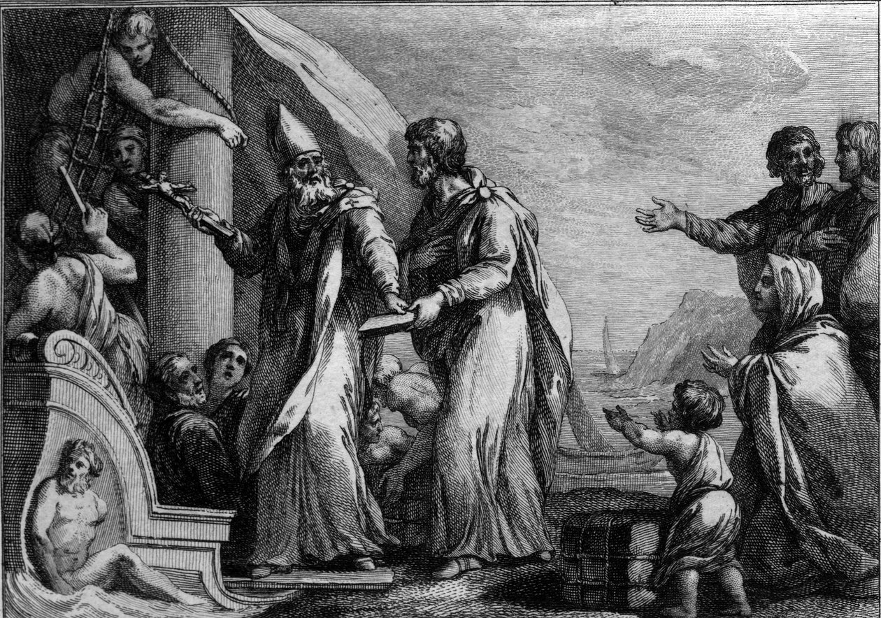 Visita de Saint Germain the Auxerrois à Inglaterra, por volta de 430: Saint Germain (cerca de 378-448), Auxerre eveque, que veio para combater o pelagianismo, considerado uma heresia. Gravura do século XVIII. de French School