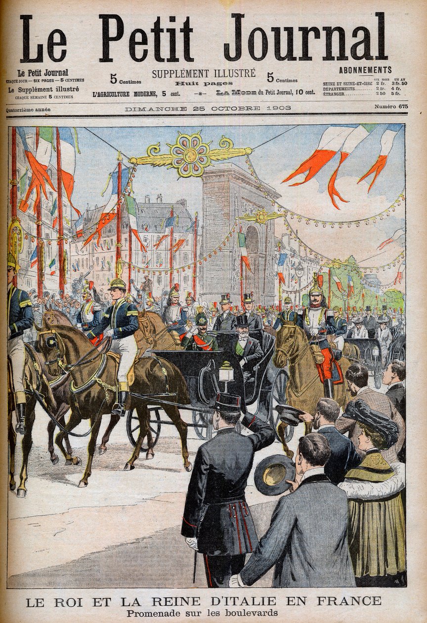 Visita do Rei e Rainha da Itália à França. Visita do Rei e Rainha da Itália à França. Promenade nas avenidas com Le President of the French Republic Emile Loubet - Ilustração para Le petit Journal, 25 de Outubro de 1903 - Victor Emmanuel III (Victor-Emma de French School