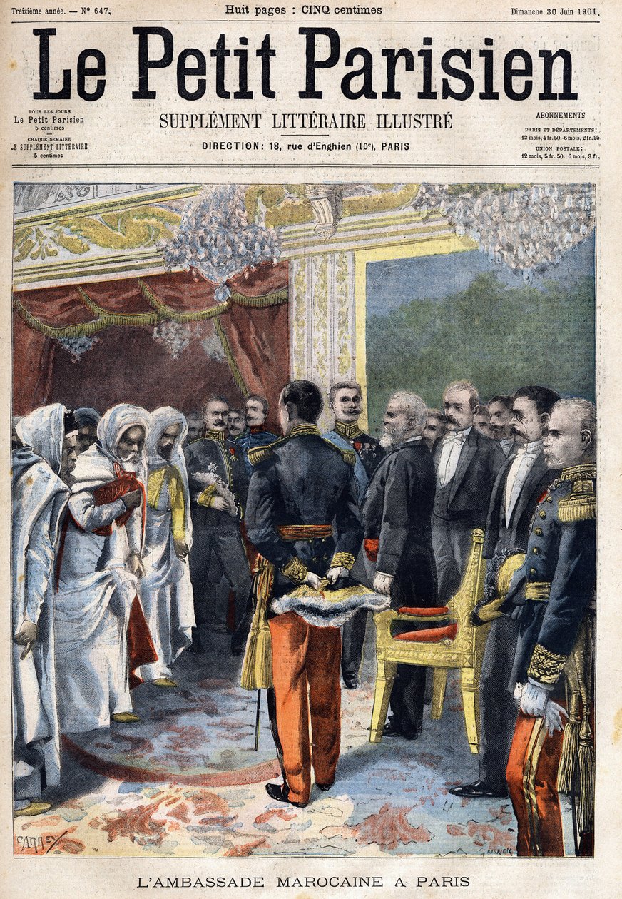 Visita da embaixada de Marrocos recebida pelo Presidente da França Emile Loubet (1838-1929) em Paris, no "Le Petit Parisien" em 30/06/1901 (gravura) de French School