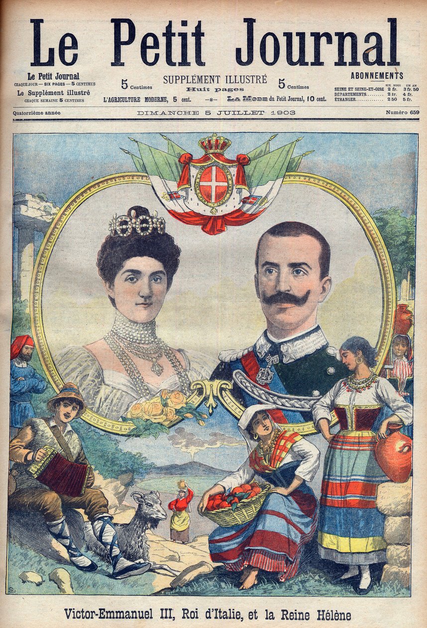 Vittorio Emanuele III di Savoia e Elena di Savoia - Rei Victor Emmanuel III e Rainha Elena da Itália. Victor Emmanuel III, Rei de Itália, e Rainha Helena. Ilustração para Le petit Journal, 5 de Julho de 1903. de French School