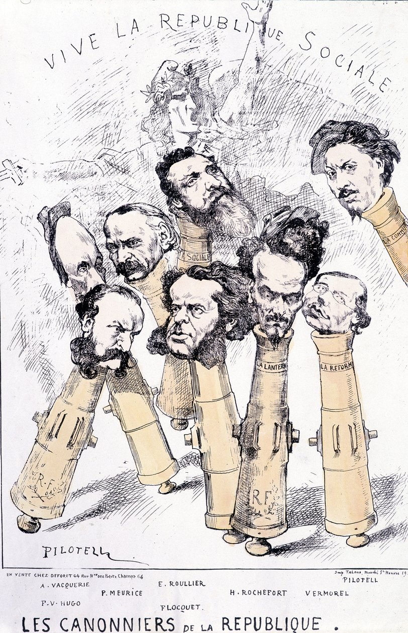 Vive la République sociale - Os canoneiros da República: A. Vacquerie, F.V. Hugo, P. Meurice, E. Roullier, Flocquet, H. Rochefort, Vermorel, Pilotell. Desenho animado. de French School