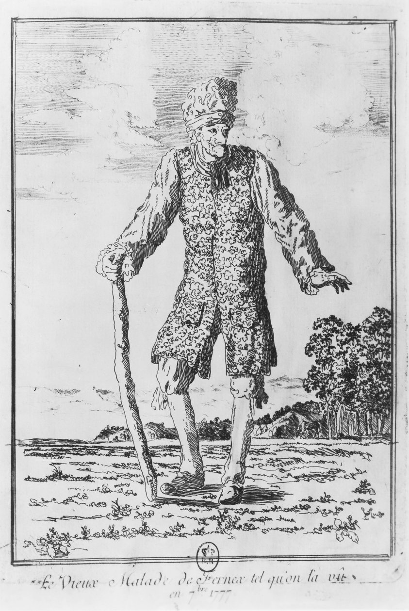 Voltaire em Ferney: &39;O velho doente de Fernex como o vimos em setembro de 1777&39; (gravura) de French School