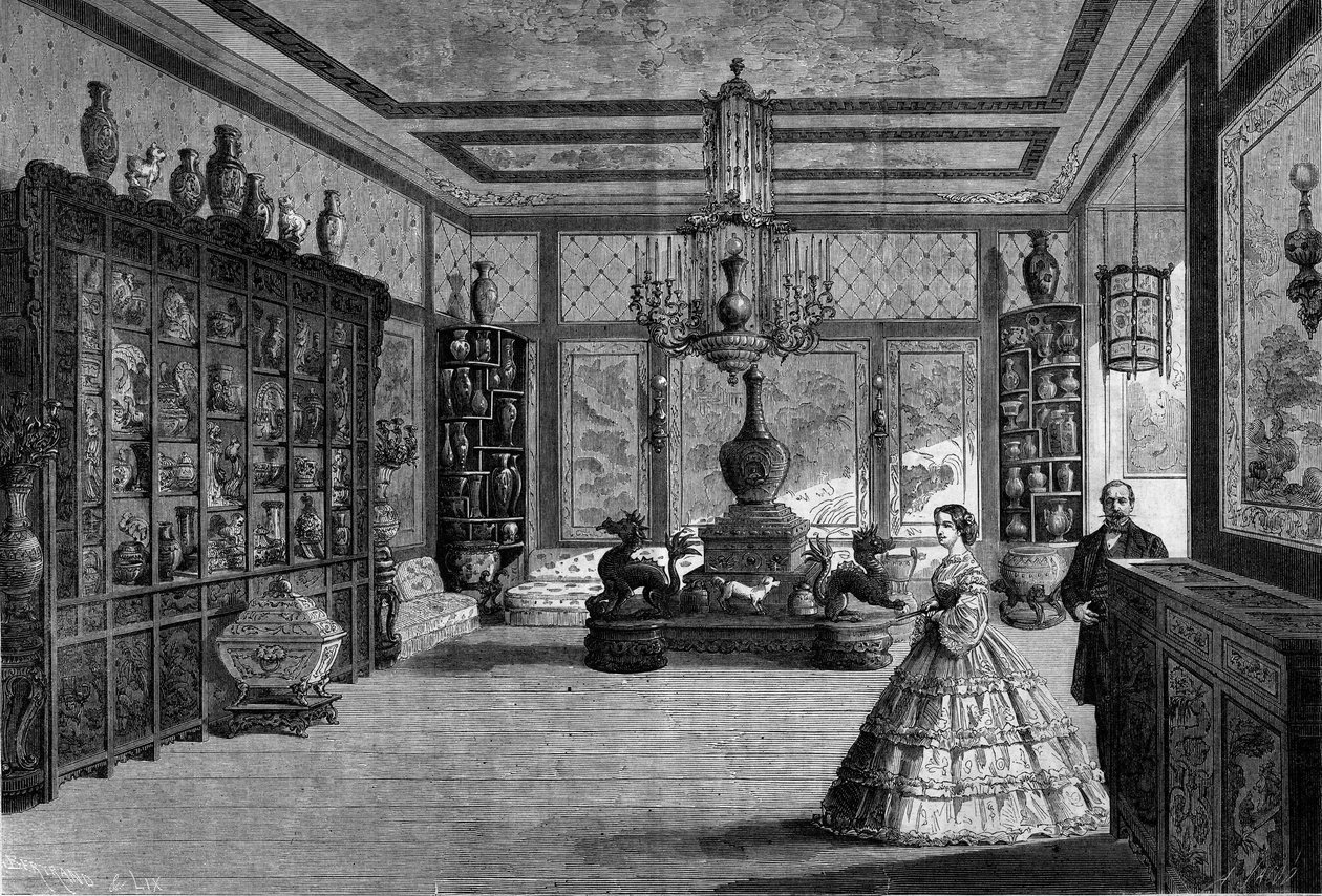 Vista do Museu chinês da Imperatriz Eugenie de Montijo, instalado em 1863, no Chateau de Fontainebleau. Gravura em "Le Monde Illustre" n°325 de 4 de julho de 1863. de French School