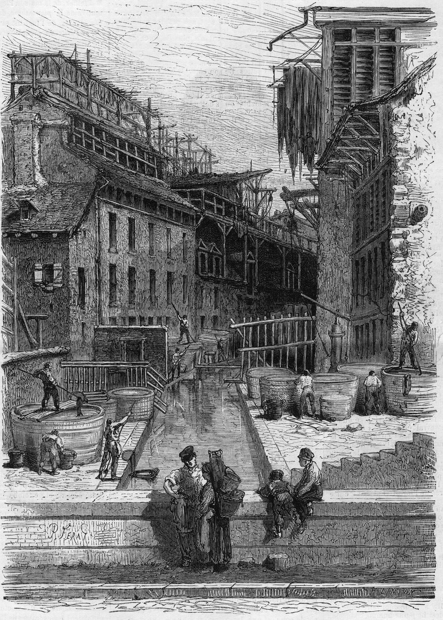 Vista de um estabelecimento de lavagem de curtumes e esconderijos nas margens do rio Bievre em Paris de French School