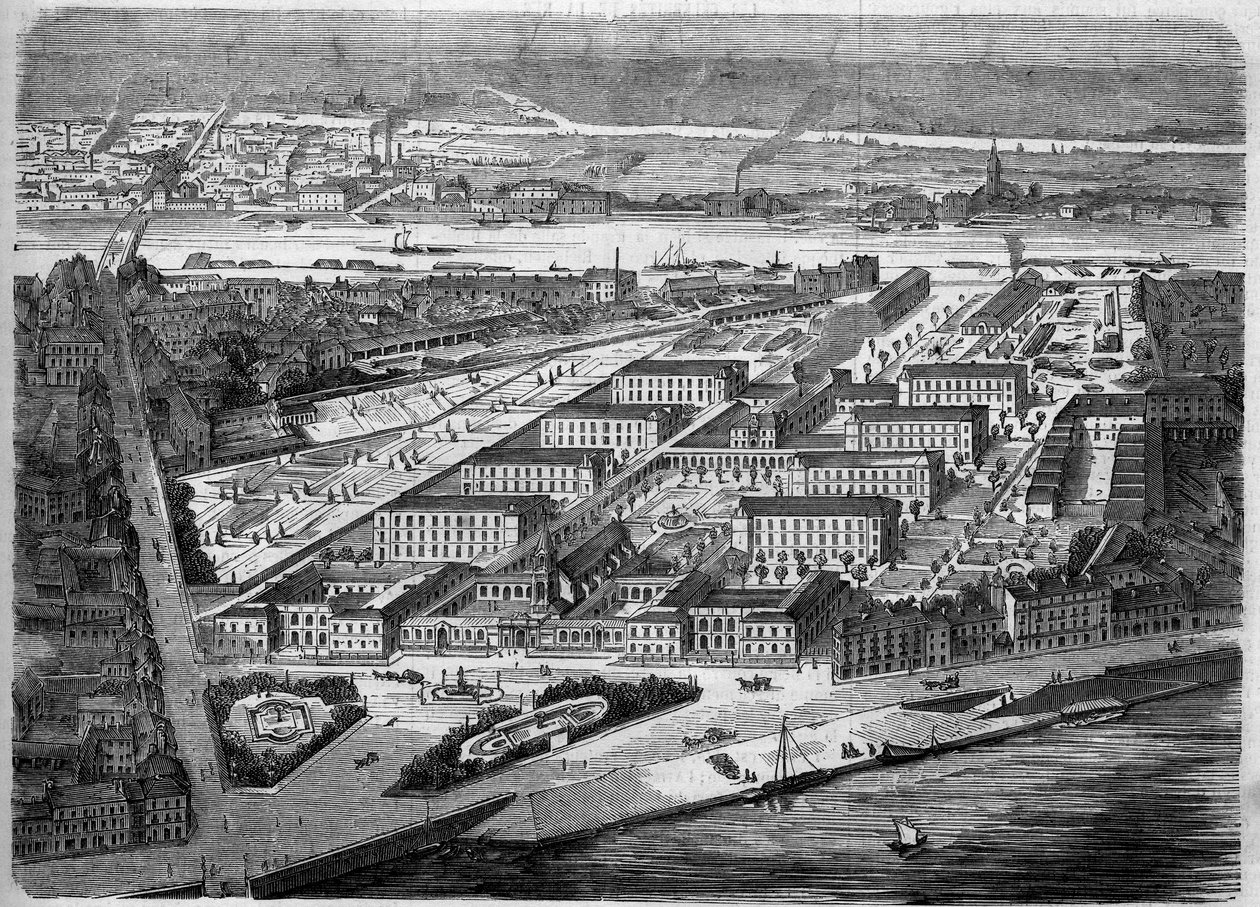 Vista exterior do Hotel Dieu (Hotel-Dieu) em Nantes, inaugurado em 1863. Este hospital será quase totalmente destruído durante um atentado à bomba em 1943. Loire Atlantique (44). Gravura em "Le Monde Illustre" n°347 de 5 de dezembro de 1863. de French School