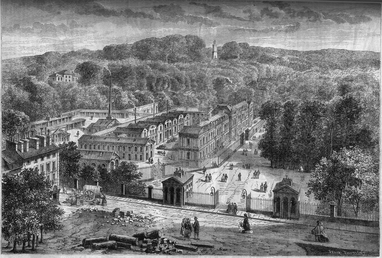 Vista exterior da fábrica de porcelana imperial de Sevres, construída no parque de Saint Cloud de acordo com os planos do arquitecto Laudin de French School