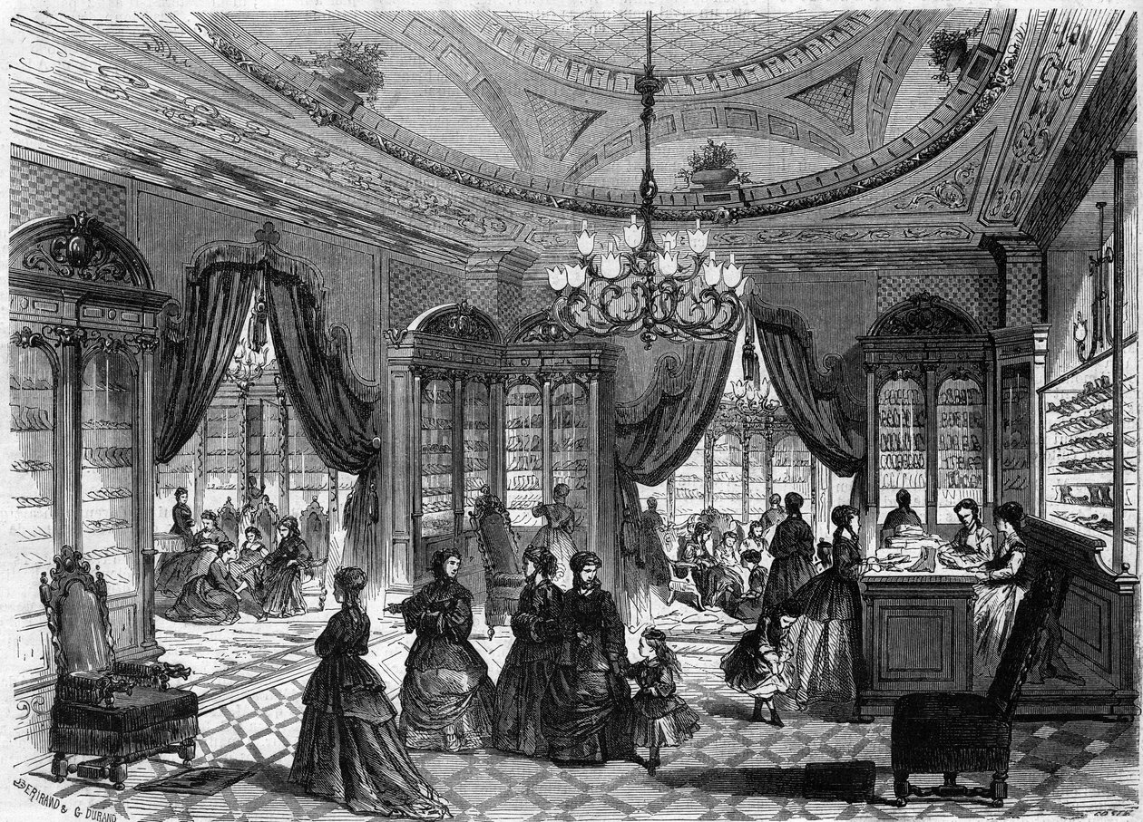 Vista interior da sapataria do Sr. Herbert, 93 rue de Richelieu em Paris. Gravura em "Le Monde Illustre" n¡°613 de 9 de janeiro de 1869. de French School