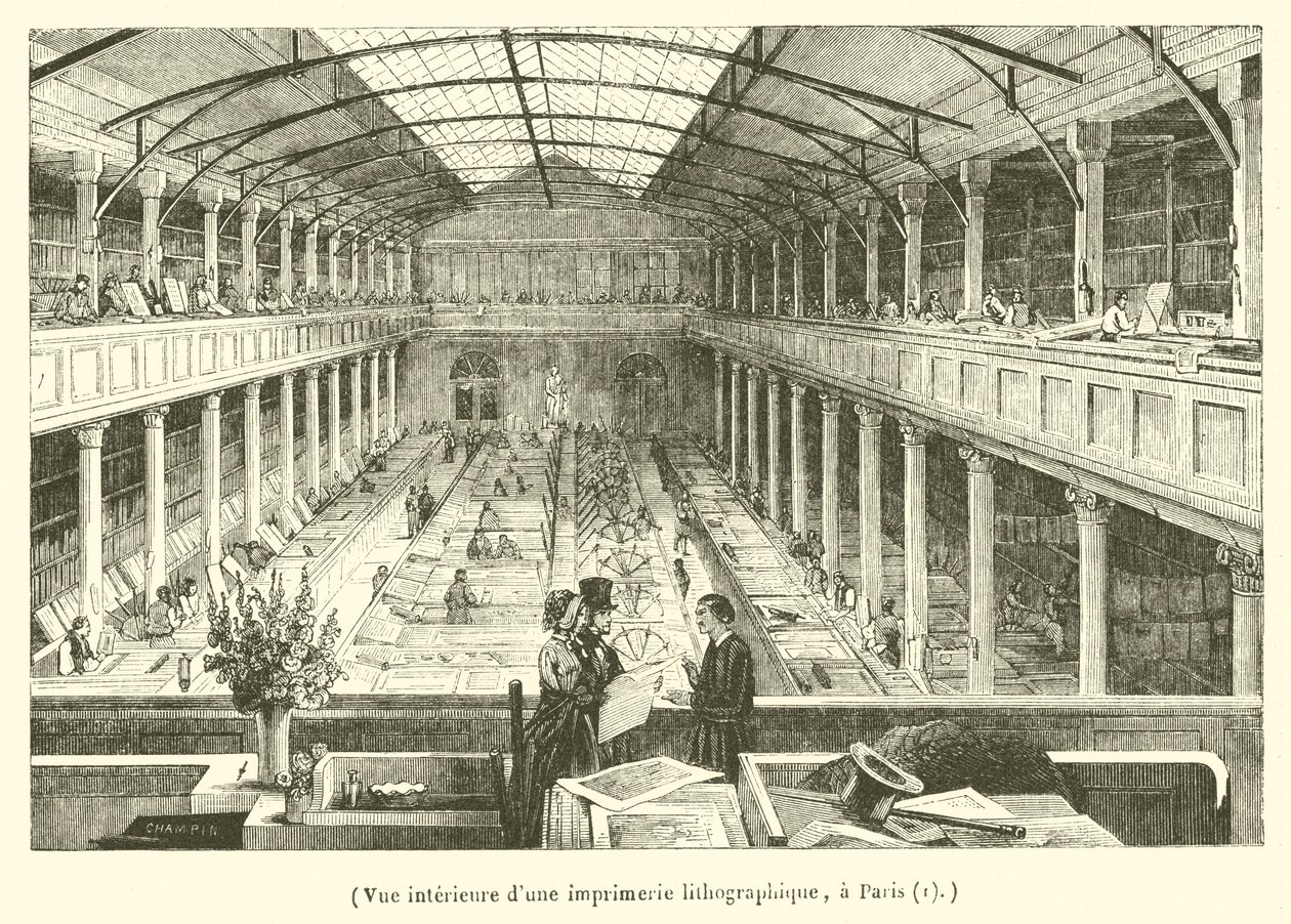 Vista interior de uma fábrica de impressão litográfica em Paris (gravura) de French School