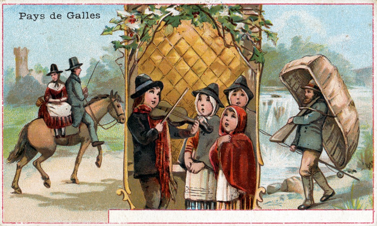 País de Gales, um cartão promocional para a bebida Chicorée à la Bergère com representações da vida galesa, c.1890 (ver também 488432) de French School