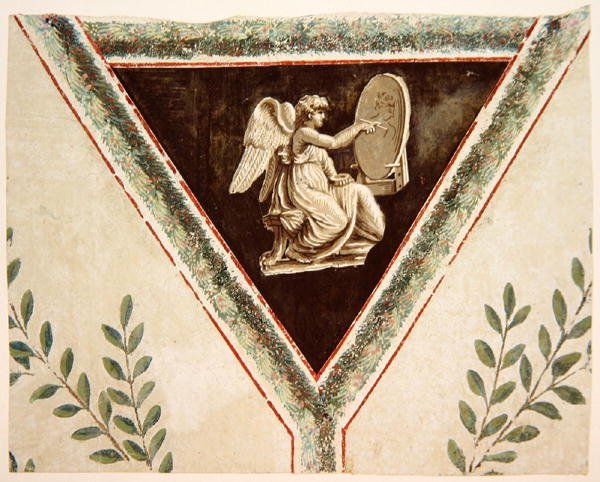 Detalhe de papel de parede retratando um painel com um anjo de French School