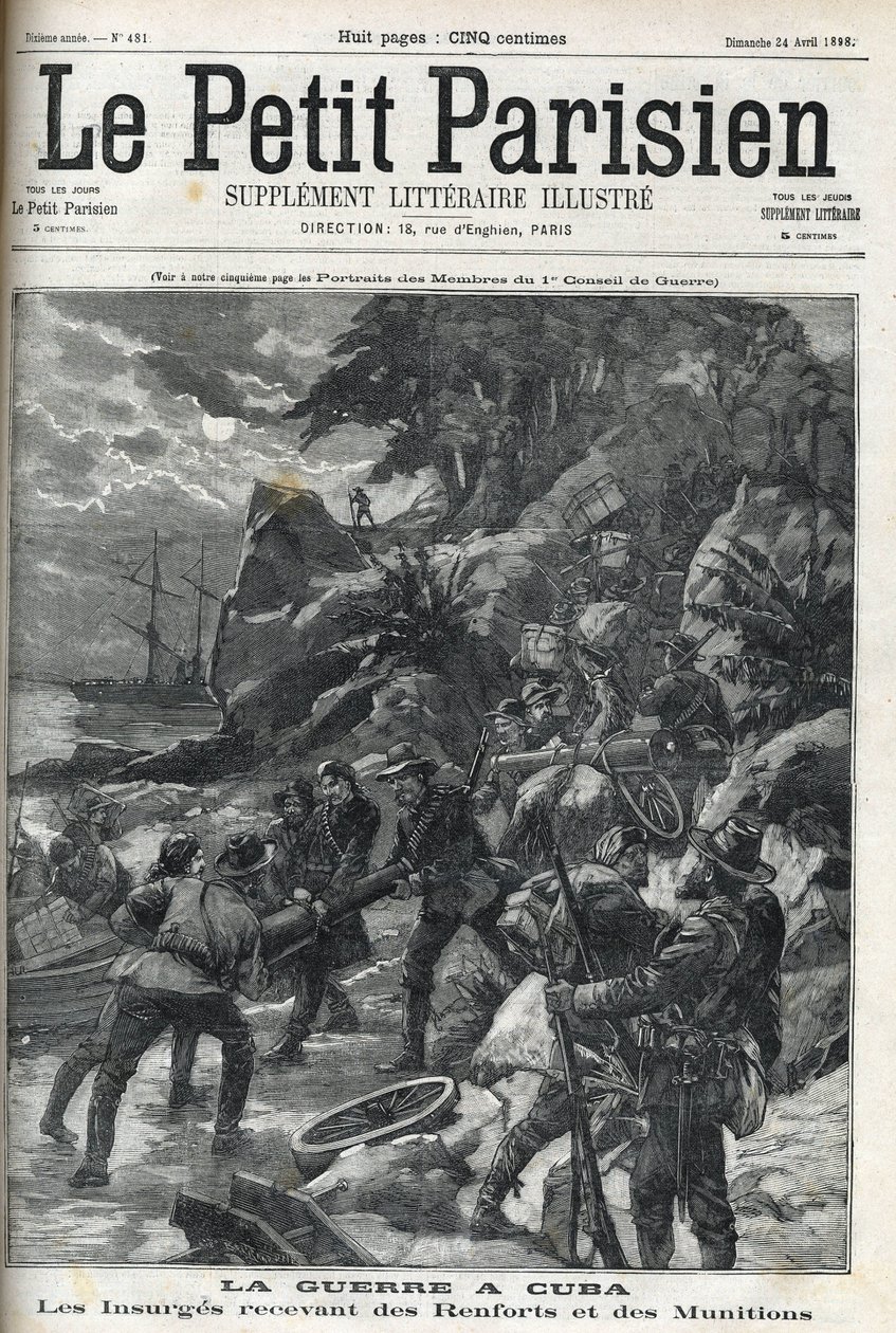 Guerra (da Independência) em Cuba: Insurge-se a receber reforços e munições. Os cubanos se levantaram contra o domínio espanhol em 1895 e a guerra terminou em 1896 com a ajuda de americanos. "The Little Parisien", 24/04/1898. de French School