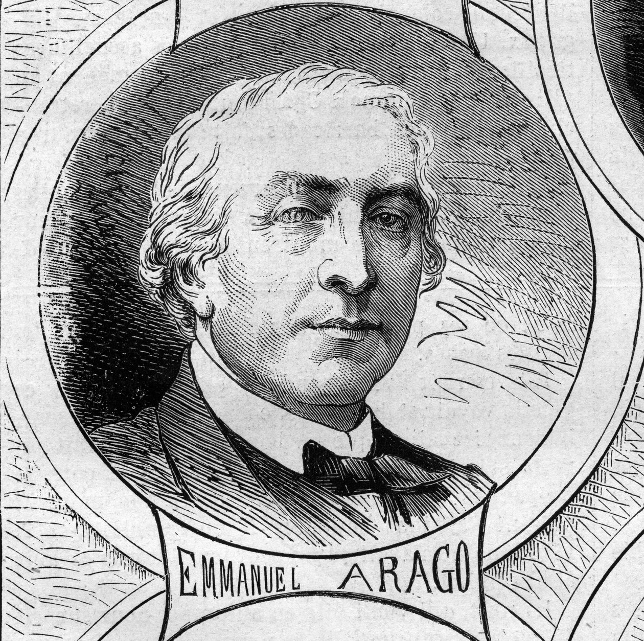 Guerra de 1870 - Governo da Defesa Nacional: retrato de Emmanuel Arago (1812-1896), membro do governo provisório de 1870. Gravura no "Le Monde Illustré" n°706 de 22 de outubro de French School