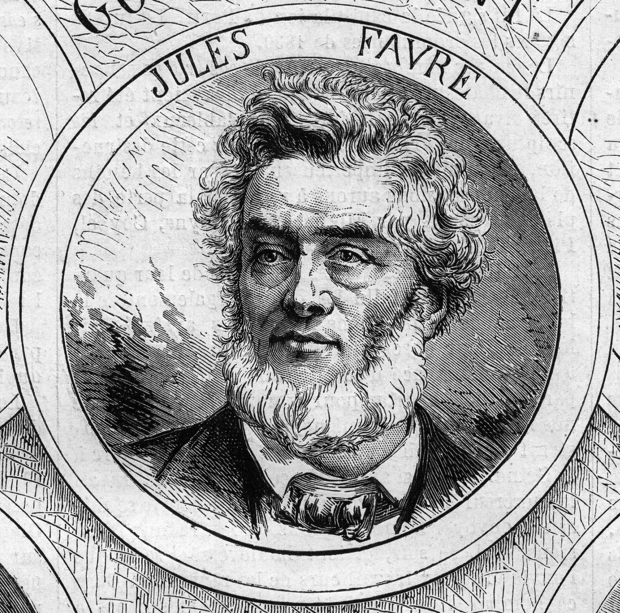 Guerra de 1870 - Governo da Defesa Nacional: retrato de Jules Favre (1809-1880), membro do governo provisório de 1870. Gravura no "Le Monde Illustré" n°706 de 22 de outubro de French School