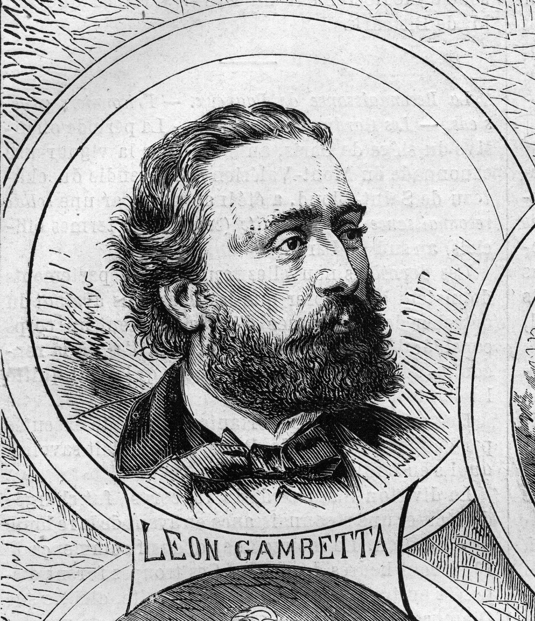 Guerra de 1870 - Governo da Defesa Nacional: retrato de Leon Gambetta (1838-1882), membro do governo provisório de 1870. Gravura no "Le Monde Illustré" n°706 de 22 de outubro de French School