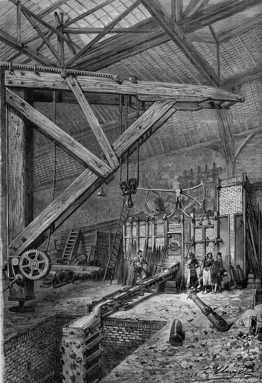 Guerra de 1870 - sede em Paris: o derretimento do cânone "Petity Moniteur", financiado pelos leitores do jornal, nos ateliês dos Srs. Broquin e Laine em Paris. Gravura no "Le Monde Illustré" n°721 de 4 de fevereiro de 1871. de French School