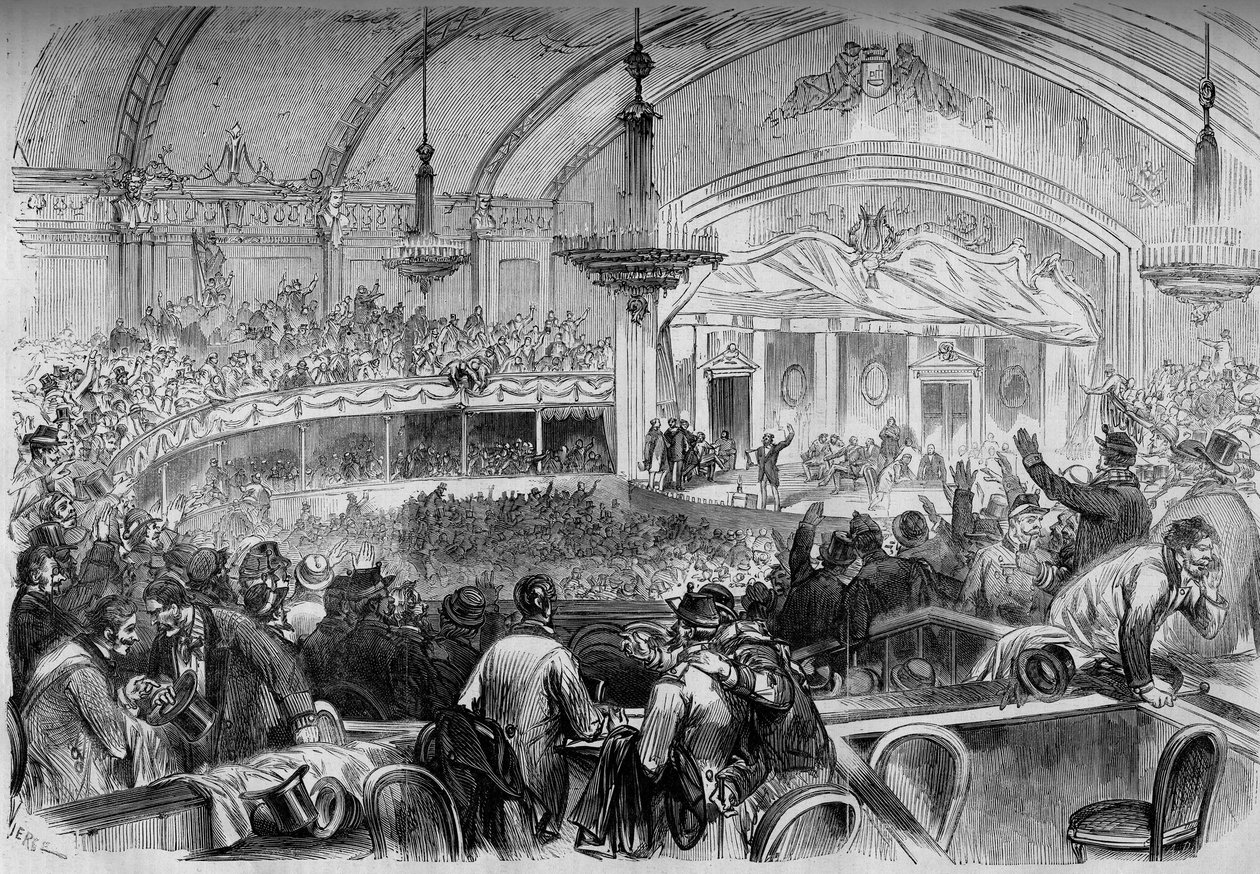 Guerra de 1870 - eleição legislativa durante o armistício - Fevereiro de 1871: reunião eleitoral no Cabaret des Folies Bergeres em Paris para a proclamação dos candidatos à Assembleia Nacional. Gravura no "Le Monde Illustré" n°722 de 11 de Fevereiro de 187 de French School