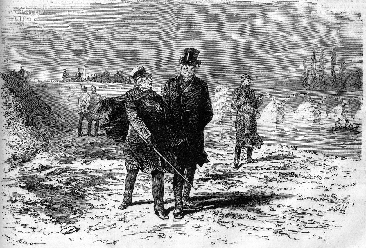 Guerra de 1870: Entrevista entre Adolphe Thiers (1797-1877) e Jules Favre (1809-1880) que decidiu sobre a ruptura das negociações relativas ao armistício com a Alemanha. Gravura em "Le Monde Illustré" n°709 de 12 de Novembro de 1870. de French School
