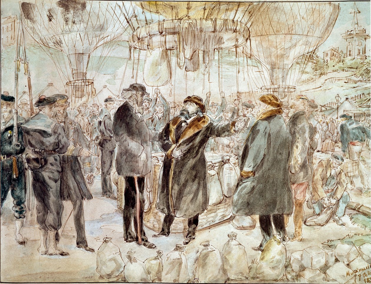Guerra de 1870: Leon Gambetta deixa o cerco de Paris num balão (pintura de French School