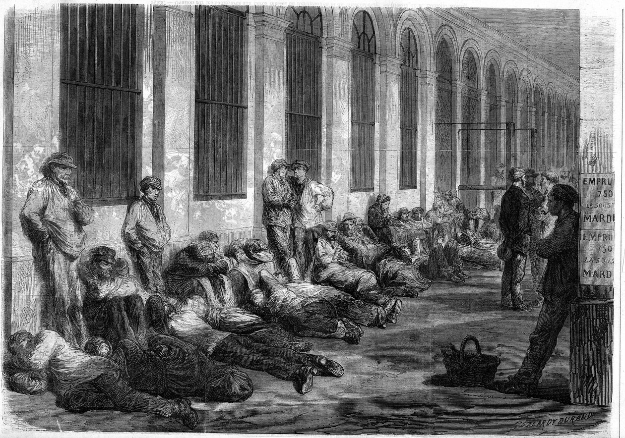 Guerra de 1870: Os parisienses alinham-se em frente ao Ministério das Finanças para subscrever o empréstimo nacional para financiar a guerra. Cena que retrata o dia anterior à abertura das janelas de French School