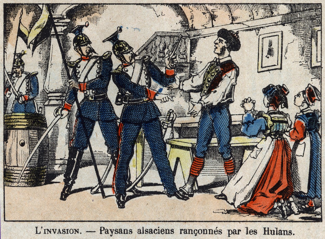 Guerra de 1870 entre a França e a Prússia: Os camponeses alsacianos dirigidos pelos Hulans (Uhlans, Houlans) imagem de Epinal. de French School