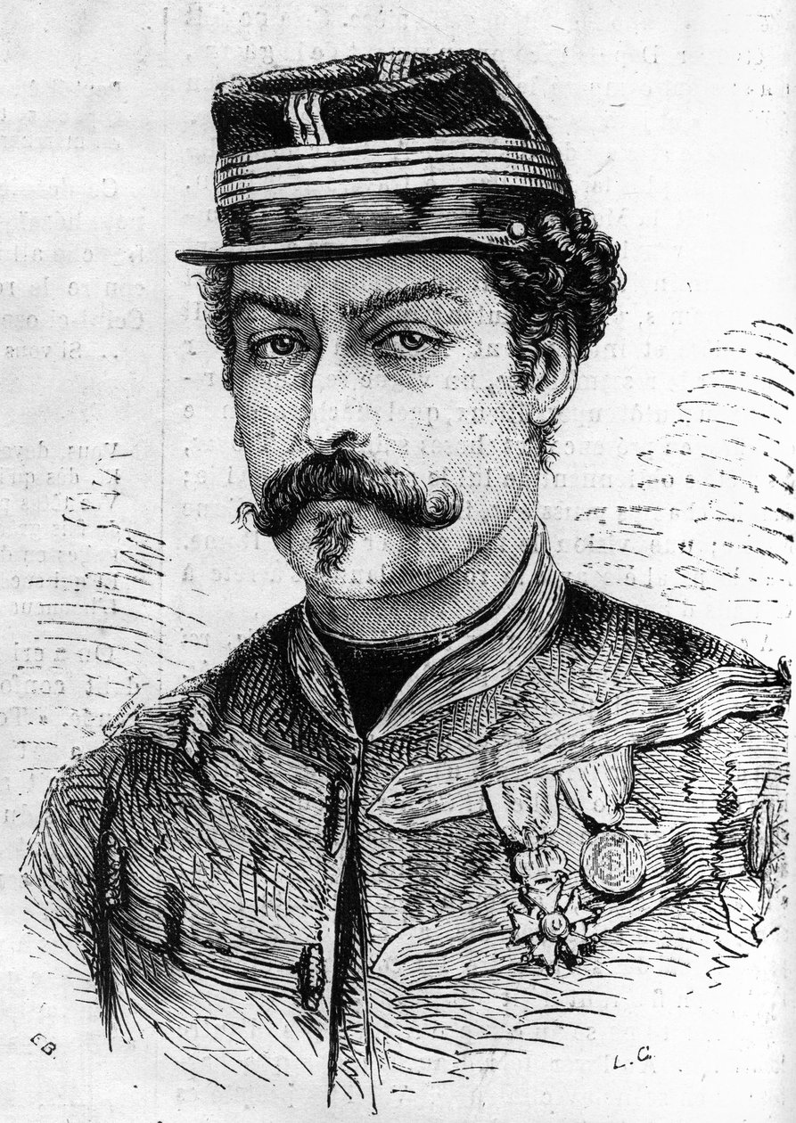 Guerra de 1870: retrato de Leon Franchetti (1834-1870), soldado francês, comandante dos Escoteiros do Sena. Gravura em "Le Monde Illustré" n°714 de 17 de dezembro de 1870. de French School