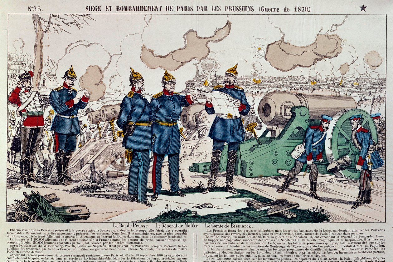 Guerra de 1870: cerco e bombardeamento da cidade de Paris pelos prussianos. O rei prussiano Guilherme I (1797-1888), o general Moltke (1800-1891) e o chanceler Otto von Bismarck (1815-1898) aconselham-se. Gravura de 1870. Paris, Museu Carnavalet de French School