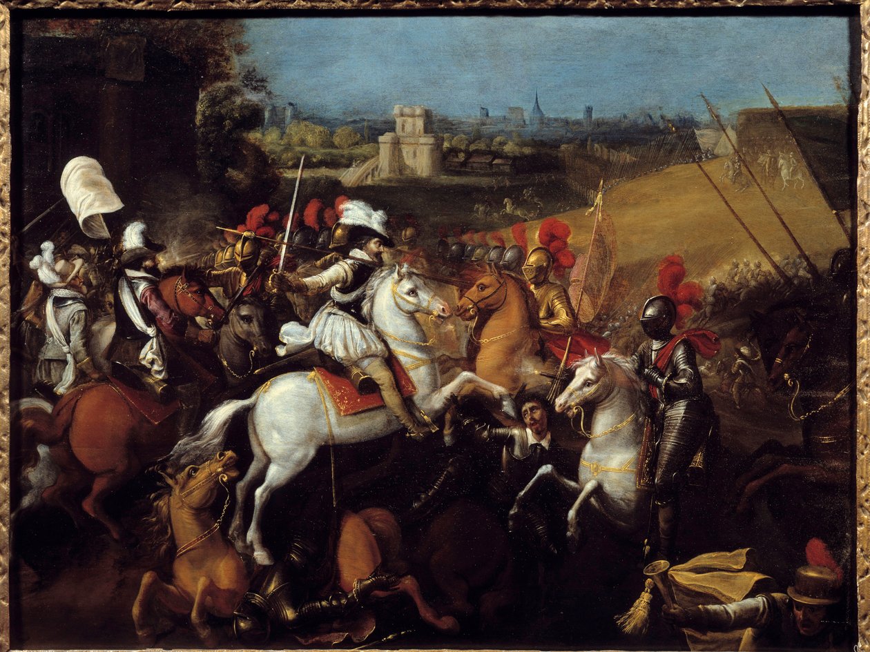 Guerra da Religião: "Rei Henrique IV (1533-1610) na Batalha dos Arques em 21 de setembro de French School