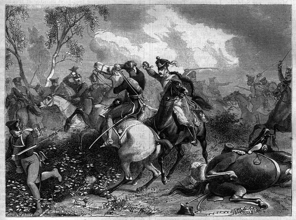 Guerra da Forth Coalition 1806 - 1807 - Príncipe Louis Ferdinand da Prússia mortalmente ferido durante o combate com a cavalaria inglesa invasora na Batalha de Saalfeld durante as Guerras Napoleónicas de French School