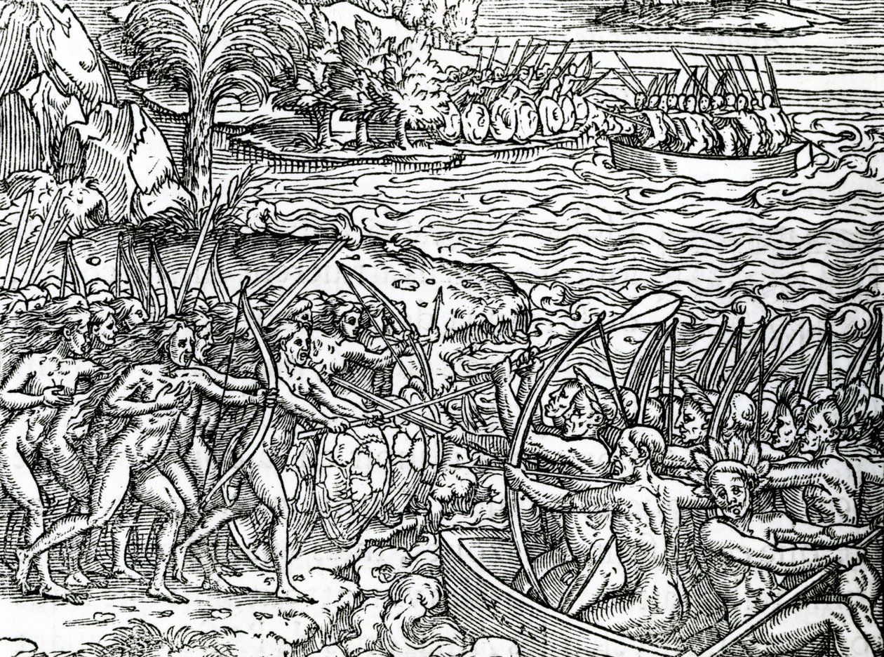 Cena de guerra, Brasil, ilustração de "Singularities of France Antarctique", de Andre de Thevet, 1558 de French School