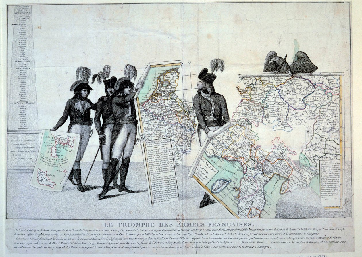 Guerras da Revolução: General Napoleão Bonaparte (1769-1821) segurando um mapa da Itália (na época da Campanha Italiana) para completar o quebra-cabeça dos territórios conquistados pela França. À esquerda, provavelmente os generais Hoche, Pichegru e Jean V de French School