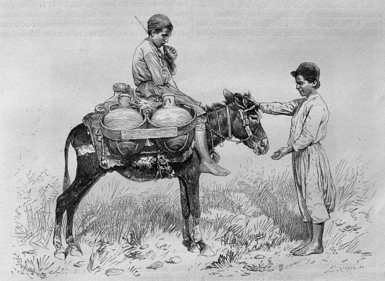 Portador de água, da Síria hoje. Viajar para a Fenícia, o Líbano e a Judéia. 1875-1880 de Louis Charles Emile Lortet, 1884 (gravura do bw) de French School