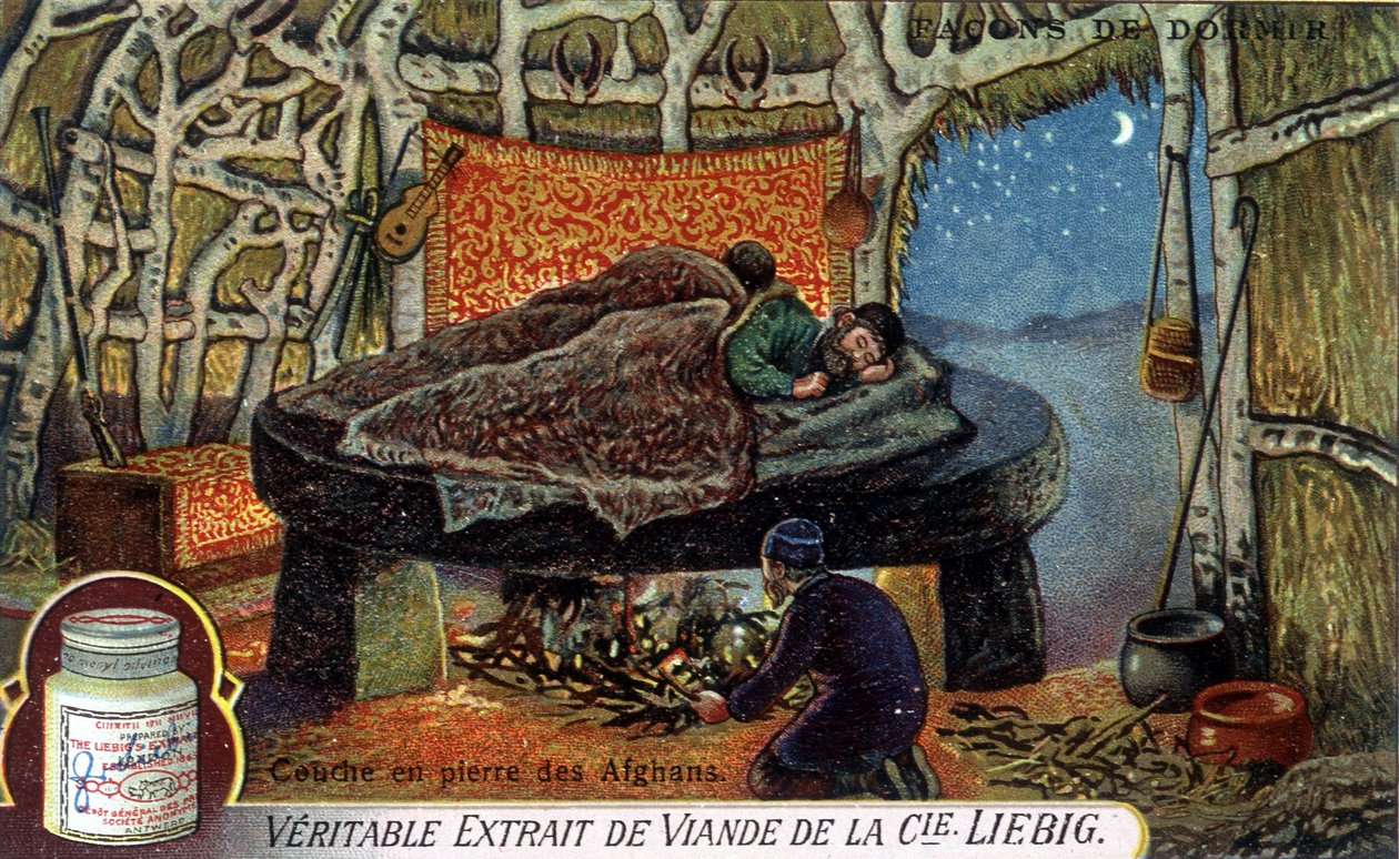 Maneiras de dormir: Camada de pedra afegã. Cromolitografia de embalagem Liebig. de French School