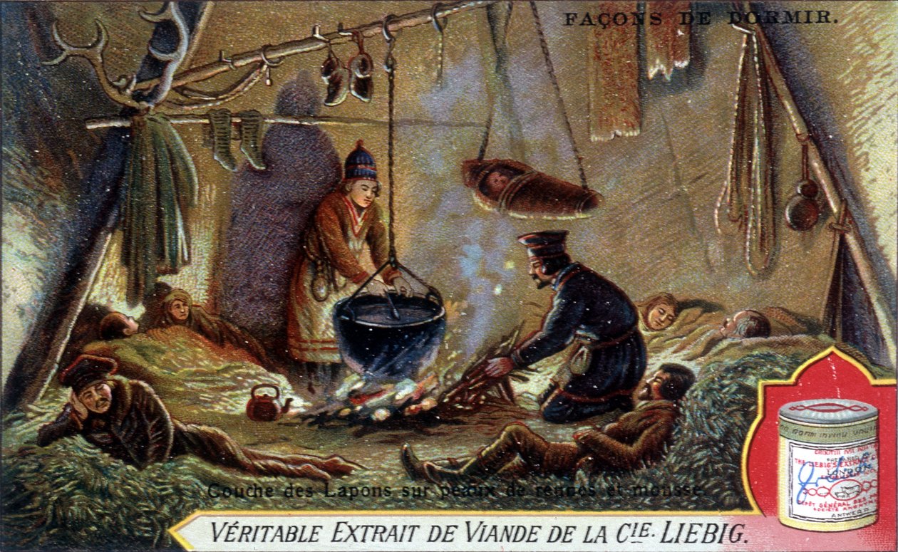 Maneiras de dormir: Camada de colo em peles de renas e espuma. Embalagem de cromolitografia Liebig. de French School