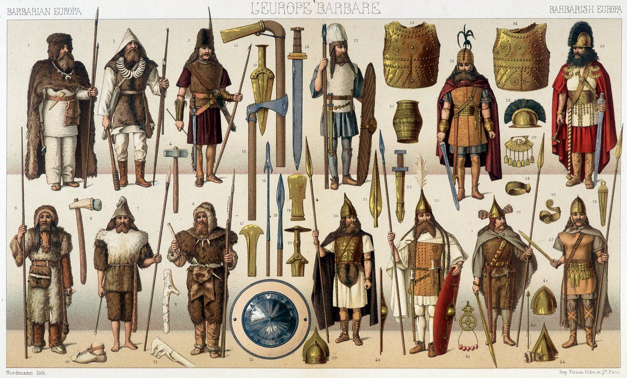 Armas e trajes da era bárbara - em "O traje histórico" de Racinet de French School
