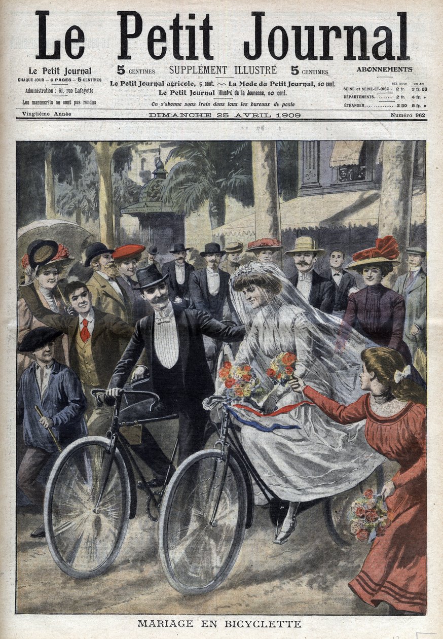 Casamento de bicicleta no pátio da Câmara Municipal de Nice, No "Le Petit Journal" de 25 de Abril de 1909 (gravura) de French School