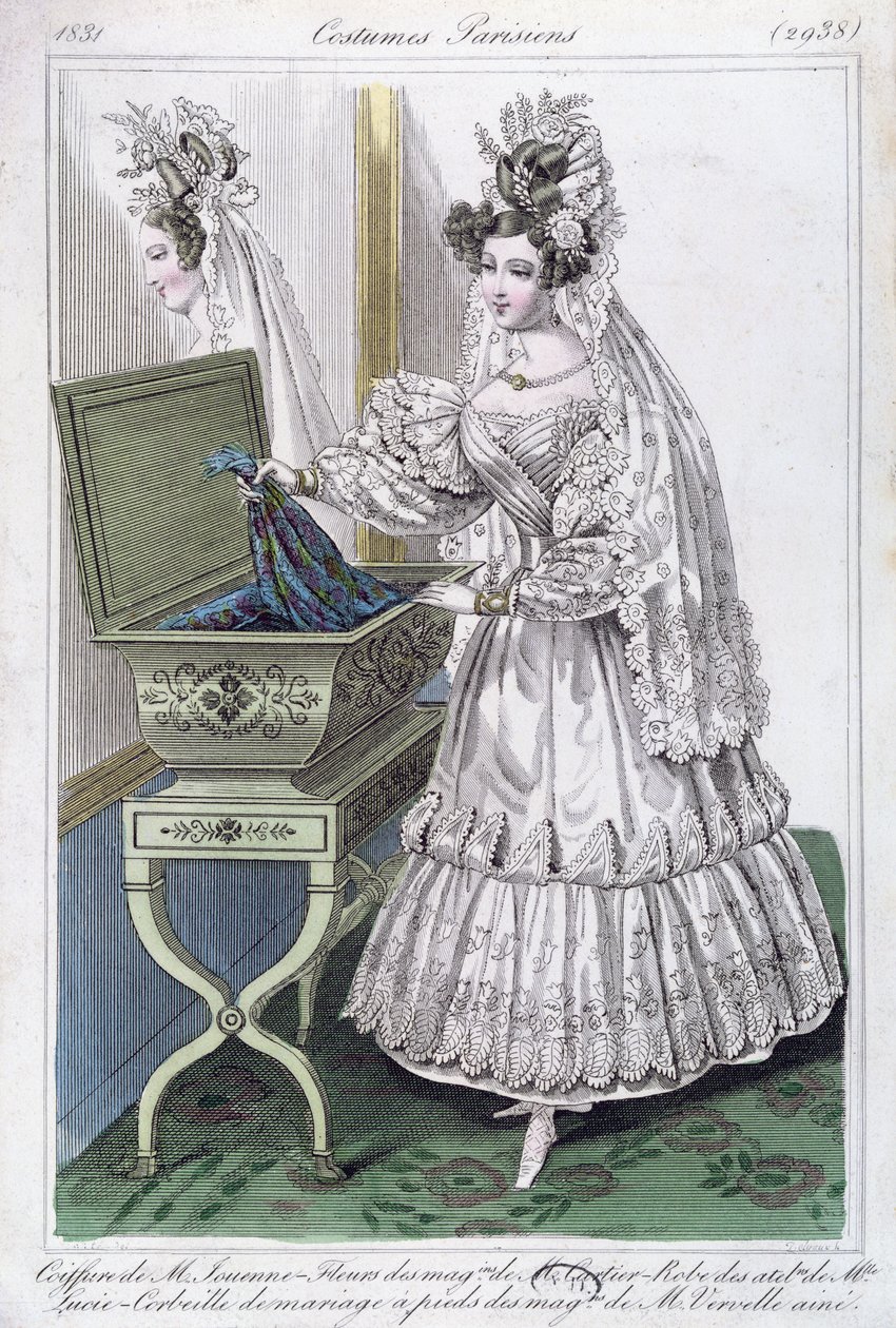 Vestido de noiva, placa de moda de Parisiens, 1831 de French School