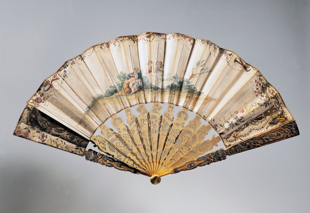 Ventilador de mão de casamento com querubins e costeletas estilo Louis XVI de French School