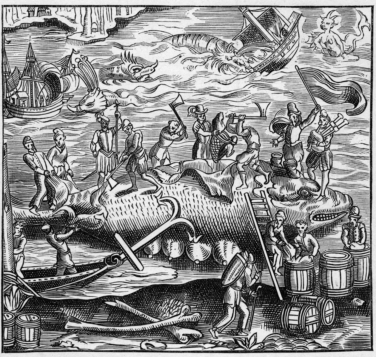 A pesca da baleia na costa francesa do Oceano Atlântico na Idade Média. Gravura em "La Marine et les colonies: commerce". de French School