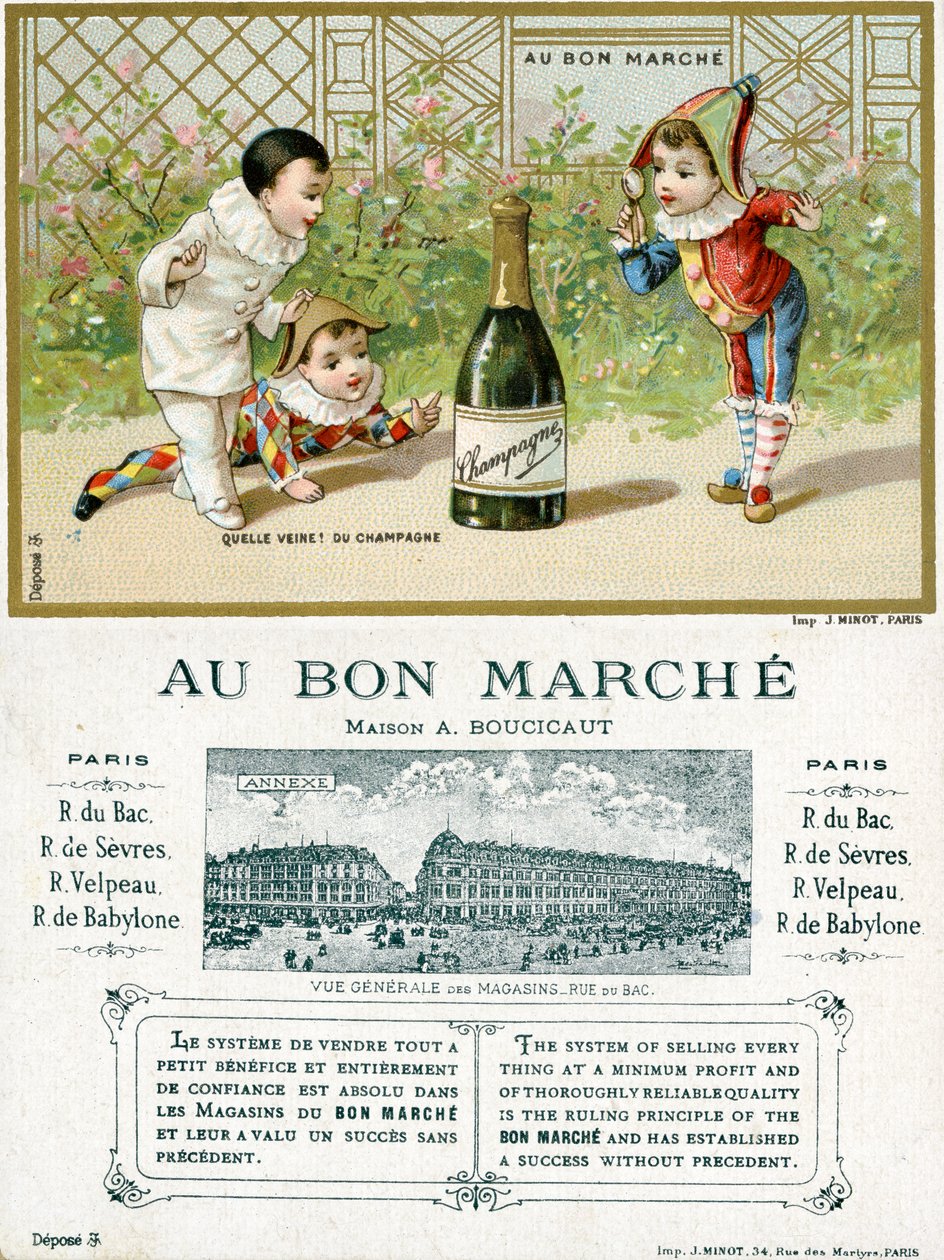 Que sorte! uma garrafa de champanhe; frente e verso de um cartão promocional para as lojas de departamento Bon Marché em Paris, c.1895 de French School